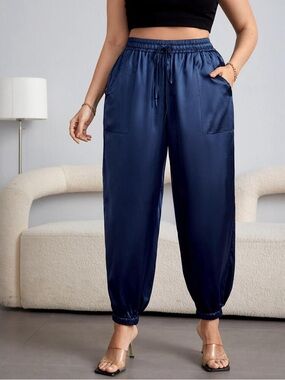 SHEIN navy blue satin joggers with pockets Size 0XL